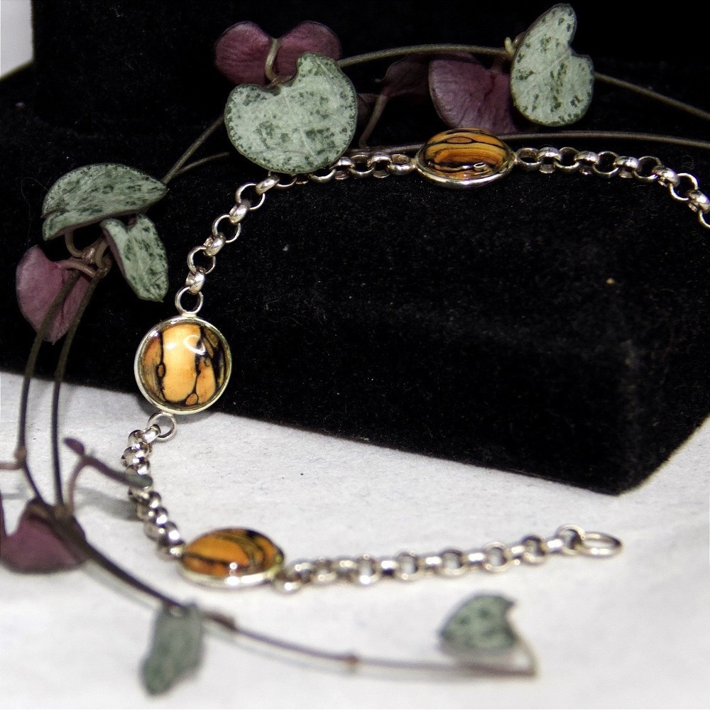Sterling Silver 925 Jasper Cabochon Rolo Chain Bracelet 8 Inch Orange